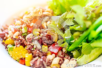 Vegetarian food, fried black rice vegetables mix closeup Stock Photo