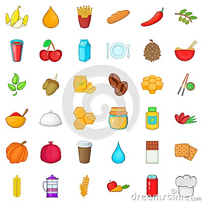 Vegetarian food icons set, cartoon style Vector Illustration