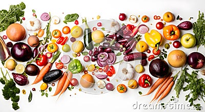 Vegetarian food products variety, overhead shot with copy space. Fruit, vegetables, cheese, mushrooms, nuts, legumes, a flat lay. Stock Photo