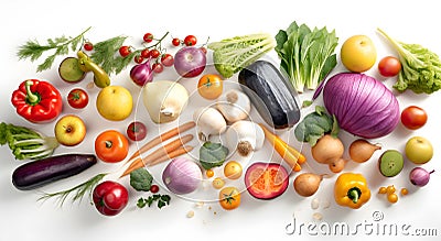 Vegetarian food products variety, overhead shot with copy space. Fruit, vegetables, cheese, mushrooms, nuts, legumes, a flat lay. Stock Photo