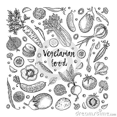 Vegetarian food. Vegetable hand drawn vintage vector illustration. Farm market poster. Healthy life. Vector composition Vector Illustration
