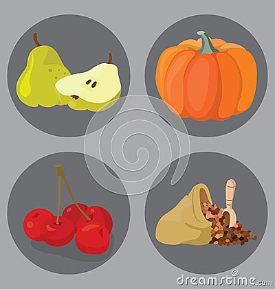 Vegetarian foods: Cereal, pumpkin, pear, cherry Vector Illustration