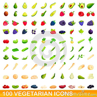 100 vegetarian icons set, cartoon style Vector Illustration