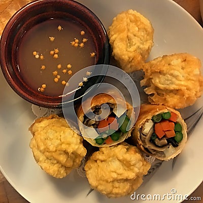 Vegetarian Japanese dumplings with vegetables - beautifully prepared fresh healthy Asian food Stock Photo