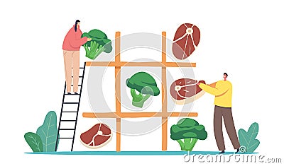 Vegetarian or Meaty Nutrition Choice. Tiny Male or Female Characters Playing Huge Noughts and Crosses Game with Products Vector Illustration