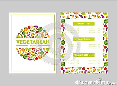 Vegetarian Menu Design Template, Main Dishes, Fresh Salads, Hot and Cold Drinks, Cafe or Restaurant identity Vector Vector Illustration