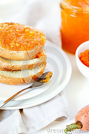 Vegetarian organic sweet carrot jam or marmalade toast topping for breakfast Stock Photo