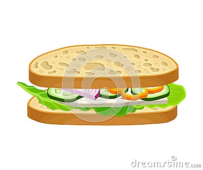 Vegetarian Oval-shaped Sandwich with Soft Cheese and Greenery Vector Food Item Vector Illustration