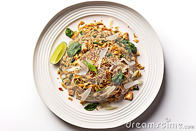 Vegetarian Pad Thai table top view over white background. Cartoon Illustration