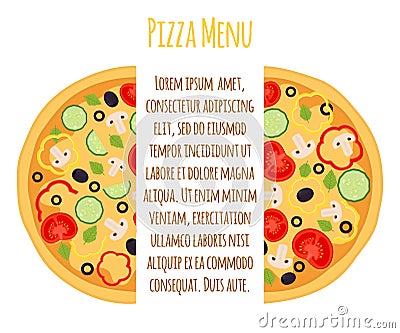 Vegetarian pizza menu, margherita with tomato, pepper, cucumber, mushroom, olive Vector Illustration