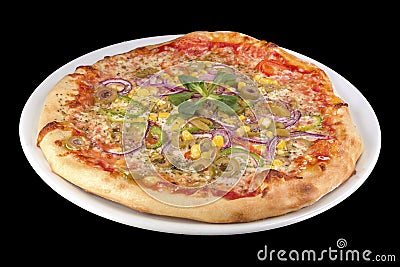 Vegetarian pizza with tomato sauce, onion, pepper, mushrooms, olives, yellow cheese, and corn on a plate Stock Photo