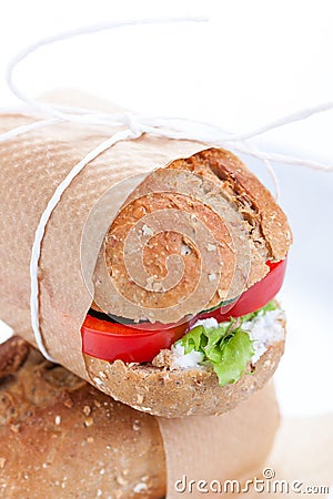 Vegetarian sandwiches with red paprika, cucumber, letucce and cottage cheese Stock Photo