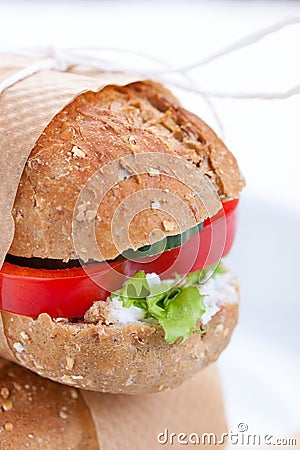 Vegetarian sandwiches with red paprika, cucumber, letucce and cottage cheese Stock Photo