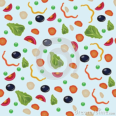 Vegetarian seamless pattern with carrot, tomato, radish, green peas, pepper, salad leaves, olive. Colorful modern background Vector Illustration