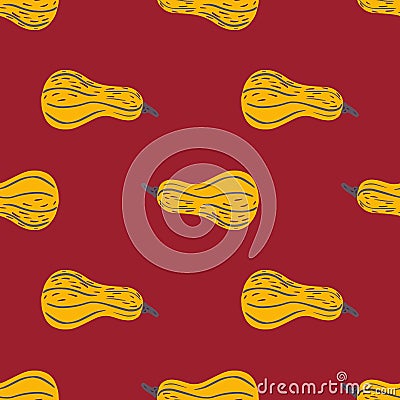 Vegetarian seamless vegie pattern with orange pumpkin shapes. Maroon background Cartoon Illustration