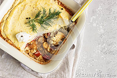 Vegetarian shepherd`s pie. Mashed potatoes, mushrooms and seasonal vegetables casserole. Autumn vegetarian lunch. Top view Stock Photo