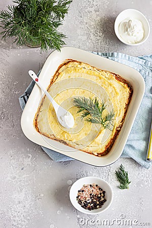 Vegetarian shepherd`s pie. Mashed potatoes, mushrooms and seasonal vegetables casserole. Autumn vegetarian lunch. Top view Stock Photo