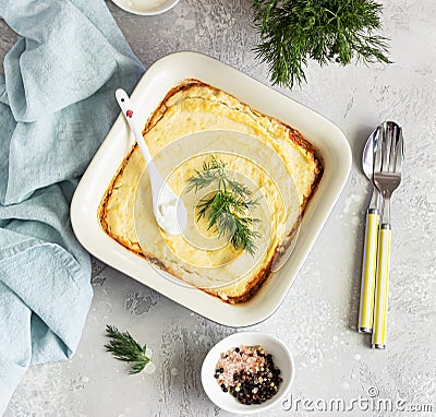 Vegetarian shepherd`s pie. Mashed potatoes, mushrooms and seasonal vegetables casserole. Autumn vegetarian lunch. Top view Stock Photo