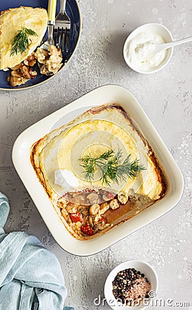 Vegetarian shepherd`s pie. Mashed potatoes, mushrooms and seasonal vegetables casserole. Autumn vegetarian lunch. Top view Stock Photo