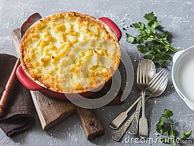 Vegetarian shepherd`s pie. Potatoes, lentils and seasonal garden vegetables casserole. Stock Photo