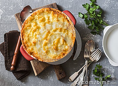 Vegetarian shepherd`s pie. Potatoes, lentils and seasonal garden vegetables casserole. Stock Photo