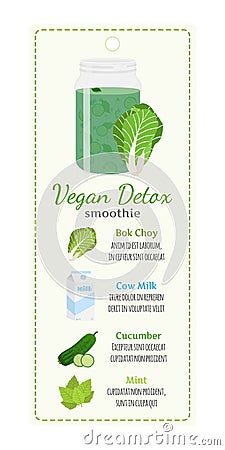 Vegetarian smoothie on label. Recipe of detox drink. Flat style. Vector Illustration