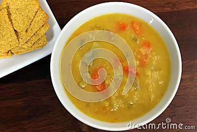 Vegetarian/Vegan Yellow Split Pea Soup with Crackers Stock Photo