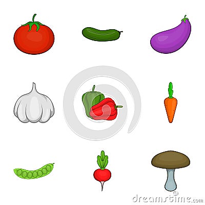 Vegetarian vegetables icons set, cartoon style Vector Illustration