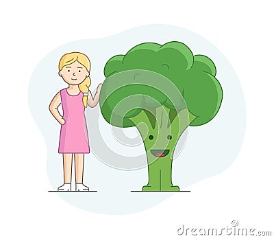 Vegetarianism And Healthy Nutrition Concept. Woman Eating Healthy Food. Character Standing Near Big Broccoli. Girl Vector Illustration