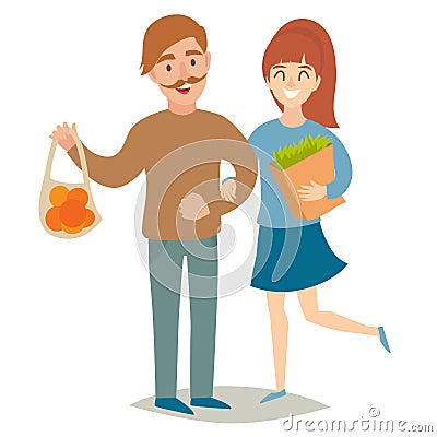 Vegetarians people. Vegetarian couple. Happy people, man and women Vector Illustration