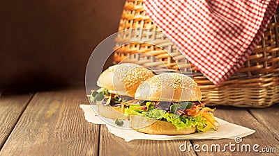 Veggie burger made from fresh sesame buns and raw vegetables and young picnic shoots wooden rustic background. Stock Photo