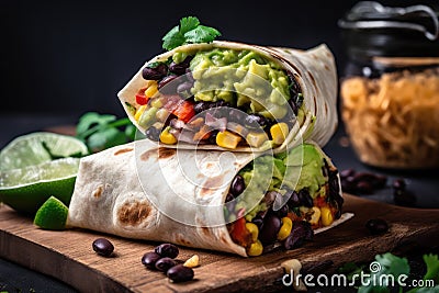 veggie burrito wrap with black beans, guacamole, and cheese Stock Photo