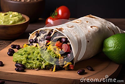 veggie burrito wrap with black beans, guacamole, and cheese Stock Photo