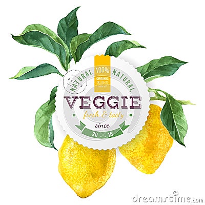 Veggie food round emblem over lemon tree branch background Vector Illustration