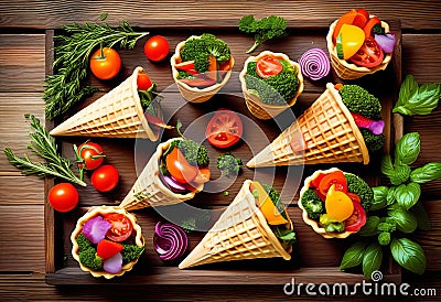 Veggie and Herb Medley in Crispy Waffle Cones Stock Photo