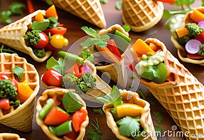 Veggie and Herb Medley in Crispy Waffle Cones Stock Photo