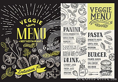 Veggie menu for restaurant. Vector food flyer for bar and cafe. Vector Illustration