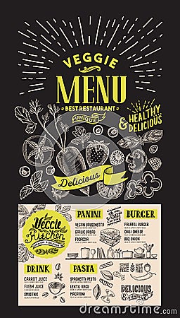 Veggie menu for restaurant. Vector food flyer for bar and cafe. Vector Illustration