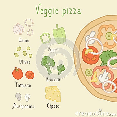 Veggie pizza ingredients. Vector Illustration