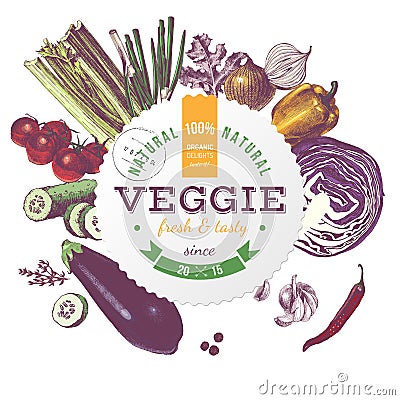 Veggie round emblem with hand drawn vegetables Vector Illustration