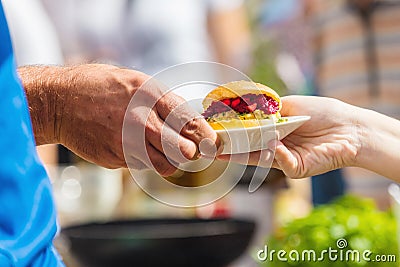 Vegitarian Burger on street food Festival Stock Photo