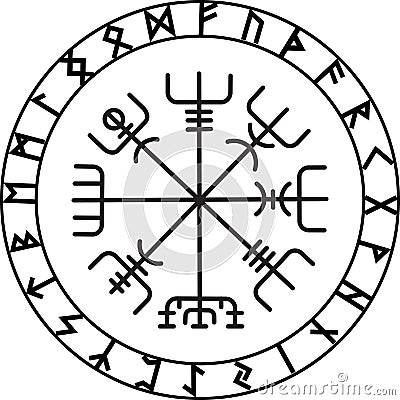 Vegvisir, the Magic Navigation Compass of ancient Icelandic Vikings with scandinavian runes Cartoon Illustration