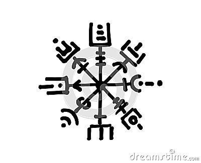 Vegvisir runic compass black pencil drawing style, Hand drawing of Viking symbols, Sacred Norse, tattoo logo, grunge runic magic Vector Illustration