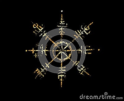 Vegvisir runic compass gold foil pencil drawing style, Hand drawing of Viking symbols, Sacred Norse, golden logo, grunge runic Vector Illustration