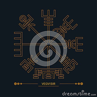 Vegvisir symbol, runic compass. Icelandic magical staves. Nordic Viking compass. Line art, art deco color. Esoteric, witchcraft Vector Illustration