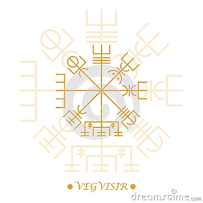 Vegvisir symbol, runic compass. Nordic viking compass in golden color on white background. Line art. Icelandic magical staves Vector Illustration