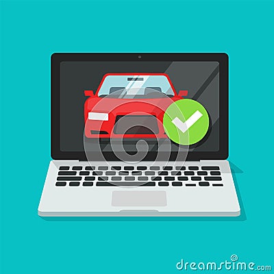 Vehicle car online insurance contract policy document on laptop computer with approved checkmark security or pc Vector Illustration