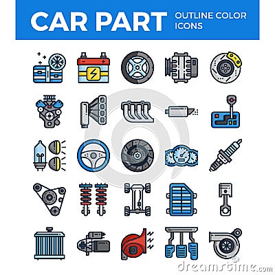Vehicle and car parts outline color icons. Vector Illustration