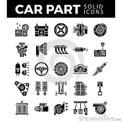 Vehicle and car parts solid icons. Vector Illustration