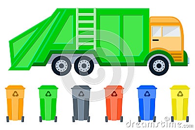 Vehicle garbage truck and dumpsters Vector Illustration
